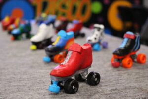 A sample of the 3-D printed roller skates that were painted by the students.