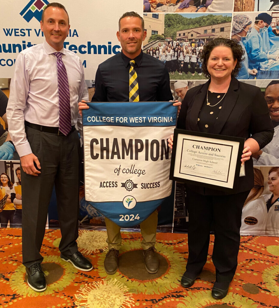 Receiving the Champions for College Access and Success award, from left, are Marshall County Schools Student Services Director Casey Storm, Cameron High School Principal Wyatt O’Neil and Cameron High School Counselor Kelly Pettit.