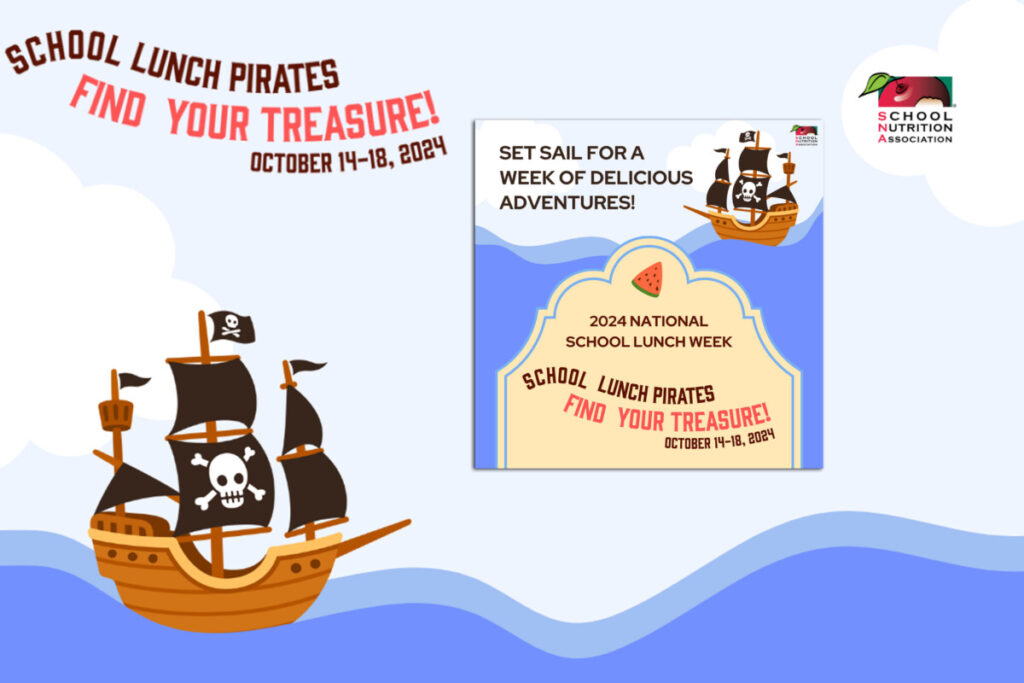 Pirate ship with cartoon waves. “School Lunch Pirates: Find Your Treasure” is written in the sky. Set Sail for a Week of Delicious Adventures!