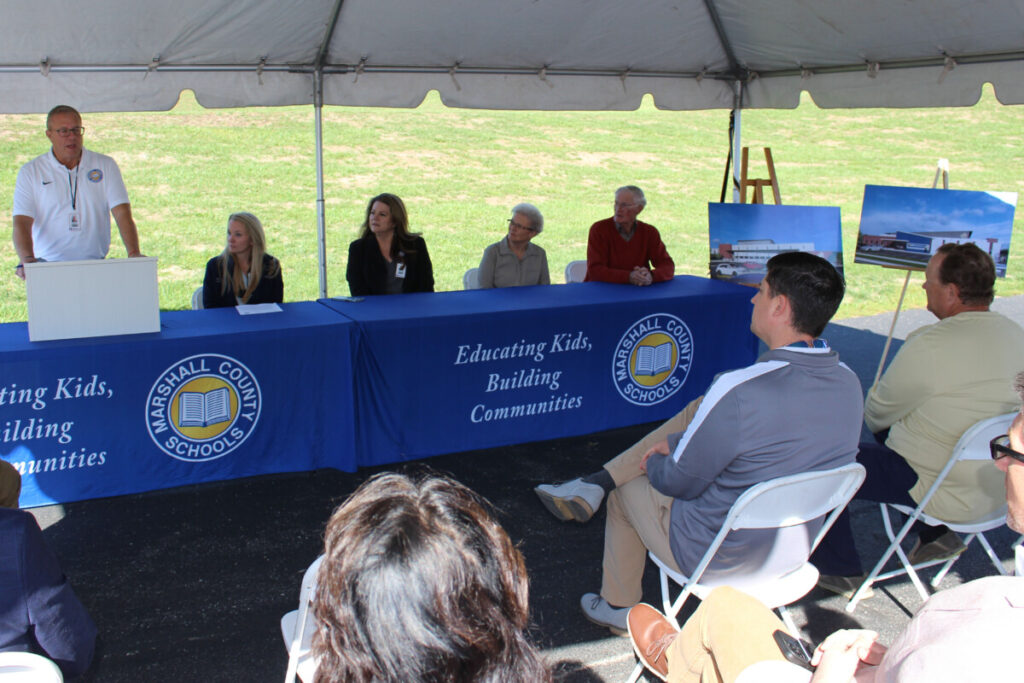 Marshall County Schools Facilities Director Mike Price talks about the John Marshall Aquatic Center project Tuesday morning. Price is joined by WVU Medicine-Reynolds representative Dr. Jamie Evick, Marshall County Schools Superintendent Dr. Shelby Haines, Marshall County Schools BOE member Brenda Coffield and Marshall County Schools BOE President John Miller.  