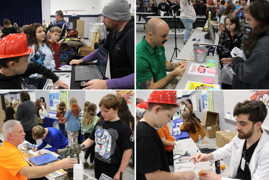 Collage of students talking to professionals at the career fair. 