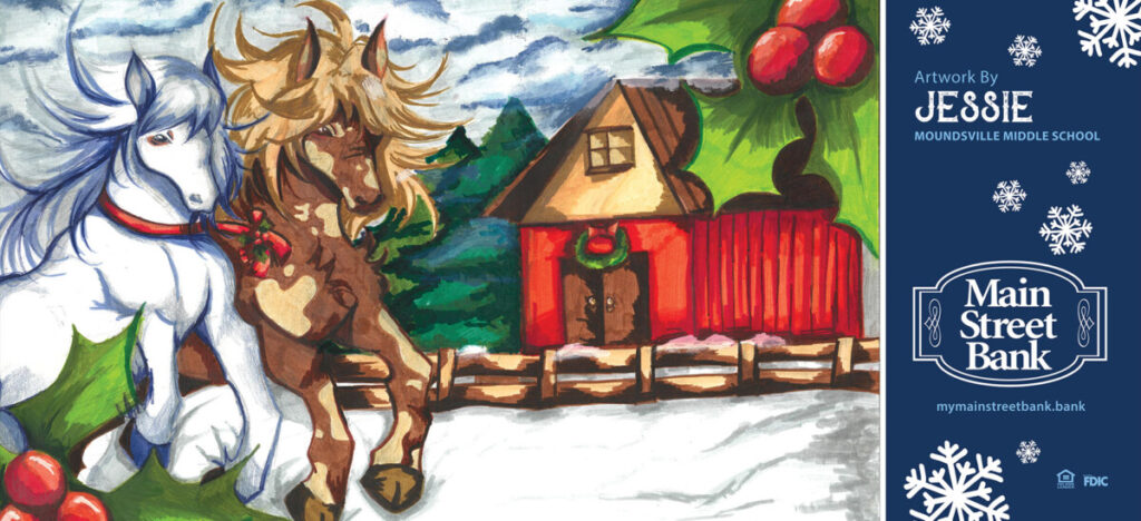 Jessie Nguyen’s billboard drawing features a a white horse and a brown horse in the snow in front of a red cabin with a wreath above the door.