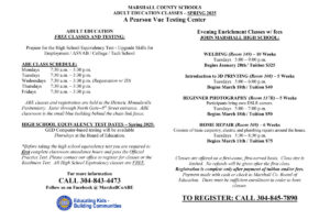 MARSHALL COUNTY SCHOOLS ADULT EDUCATION CLASSES – SPRING 2025 A Pearson Vue Testing Center ADULT EDUCATION FREE CLASSES AND TESTING: Prepare for the High School Equivalency Test - Upgrade Skills for Employment / ASVAB / College / Tech School ABE CLASS SCHEDULE: Mondays 7:30 a.m. – 3:30 p.m. Tuesdays 7:30 a.m. – 3:30 p.m. Wednesdays 7:30 a.m. – 3:30 p.m. (Registration w/ ID) Thursdays 7:30 a.m. – 3:30 p.m. Fridays 7:30 a.m. – 3:30 p.m. ABE classes and registration are held in the Historic Moundsville Penitentiary. Enter through North Gate--8th Street entrance. ABE classroom is the small blue building behind the chain link fence. HIGH SCHOOL EQUIVALENCY TEST DATES – Spring 2025: GED Computer-based testing will be available Thursdays at the Board of Education. *Before taking the high school equivalency test you are required to first complete classroom attendance hours and pass the Official Practice Test. Please contact our office to register for classes or the Readiness Test. All High School Equivalency classes are FREE. For more information CALL 304-843-4473 Follow us on Facebook @ MarshallCoABE Evening Enrichment Classes w/ fees JOHN MARSHALL HIGH SCHOOL: WELDING (Room 149) – 10 Weeks Tuesdays 5:00 – 9:00 p.m. Begins January 28th / Tuition $325 Introduction to 3D PRINTING (Room 108) – 5 Weeks Tuesdays 5:00 – 6:00 p.m. Begins March 18th / Tuition $40 BEGINNER PHOTOGRAPHY (Room 117B) – 5 Weeks Participants bring own DSLR camera. Tuesdays 5:00 – 7:00 p.m. Begins March 18th / Tuition $50 HOME REPAIR (Room 109) – 6 Weeks Consists of basic carpentry, electric and plumbing repairs around the house. Tuesdays 5:30 – 8:30 p.m. Begins March 11th / Tuition $75 Classes are offered on a first-come, first-served basis. Class size is limited. No refunds will be given after the first class. Registration is complete only after payment of tuition and/or fees. Payment made with cash or check to Marshall Co. Board of Education. There must be sufficient enrollment in order to have classes. TO REGISTER: CALL 304-845-7890