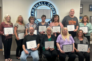 Retirees who attended the celebration are pictured. Front row from left: Russell Applegarth, Darla Minor, Lorna Hall and Karen Sue Lewicki. Back row from left: Susan Kelch, Tammy Durrah, Lois Myers, Shelly Gump, Yaunetta Dunn, Chester Nadolski and Denise Phillips.