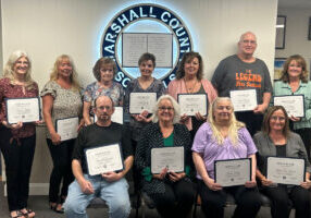 Retirees who attended the celebration are pictured. Front row from left: Russell Applegarth, Darla Minor, Lorna Hall and Karen Sue Lewicki. Back row from left: Susan Kelch, Tammy Durrah, Lois Myers, Shelly Gump, Yaunetta Dunn, Chester Nadolski and Denise Phillips.