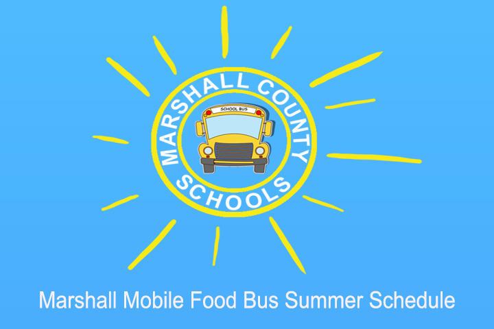 Marshall County Logo circle with a bus in the middle with sun rays around in yellow