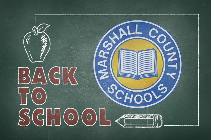 Chalkboard graphic with the Marshall County Schools blue and gold circle logo drawn in chalk with back to school written in red chalk. A white apple is also drawn in chalk.
