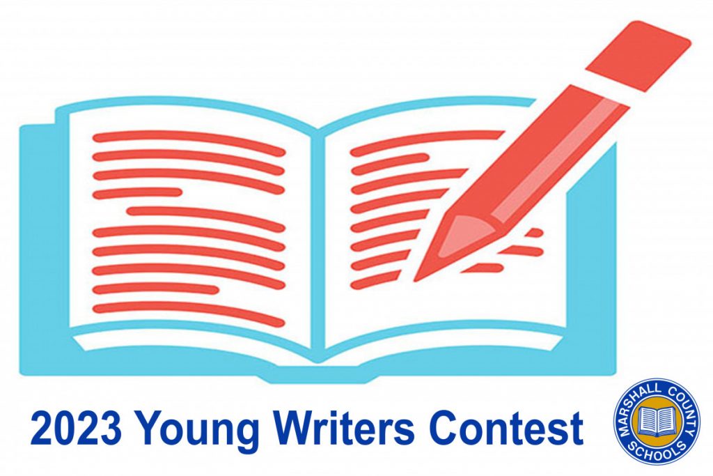 a blue cartoon book with red lines and pencil with the Marshall County Schools logo in the bottom right-hand corner. 2023 Young Writers Contest is written in blue.