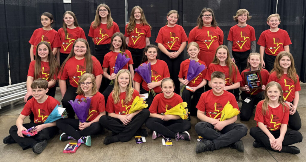 The chorus members are pictured from left. Row 1: Trevor Richards (CES), Avery Oliver (CES), Jacquelyn Hart (HES), Aubrey Gatts (HES), Everett Aubrey (HES) and Sara Kelley (WLES). Row 2: Gabrielle Dantrassy (GDES), Madison Burke (GDES), Jolyn Updegraff (CMES), Shasta Francis (CMES), Sydney Mlodsik (SHES), Brielle McClelland (MMS), Kadence Crawford (MMS) and Adalyn Bell (MMS). Row 3: Skyelynn Duymich (SMS), Jayde Carpino (SMS), Morgan Cooper (SMS), Abigail Clark (WLES), Kailynn Wesley (CES), Maylee Bartsch (CES), Nathan Gomez (CES) and Jaxson Rine (WLES).