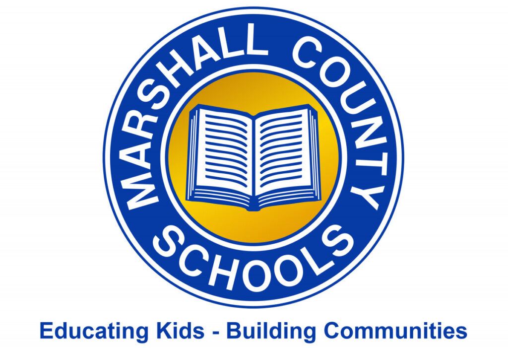 Marshall County Schools gold and blue logo with a book in the center.