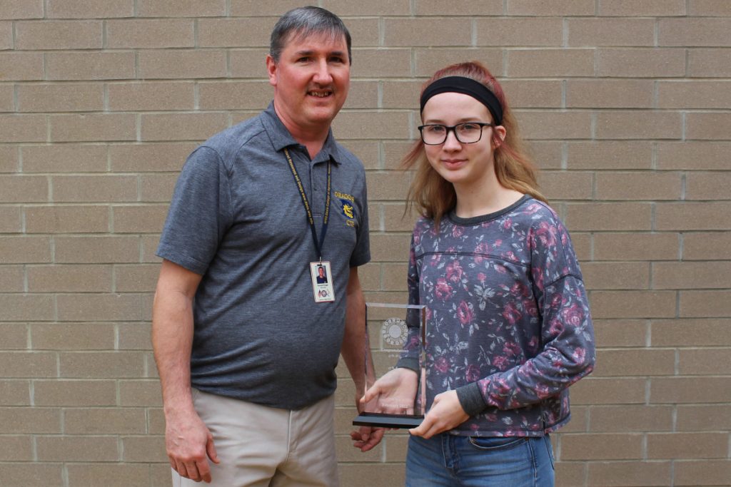 Pictured from left: Ag Power, Structural and Technical teacher Donald Poage and CHS CTE Student of the Quarter Cheyenne Conner.