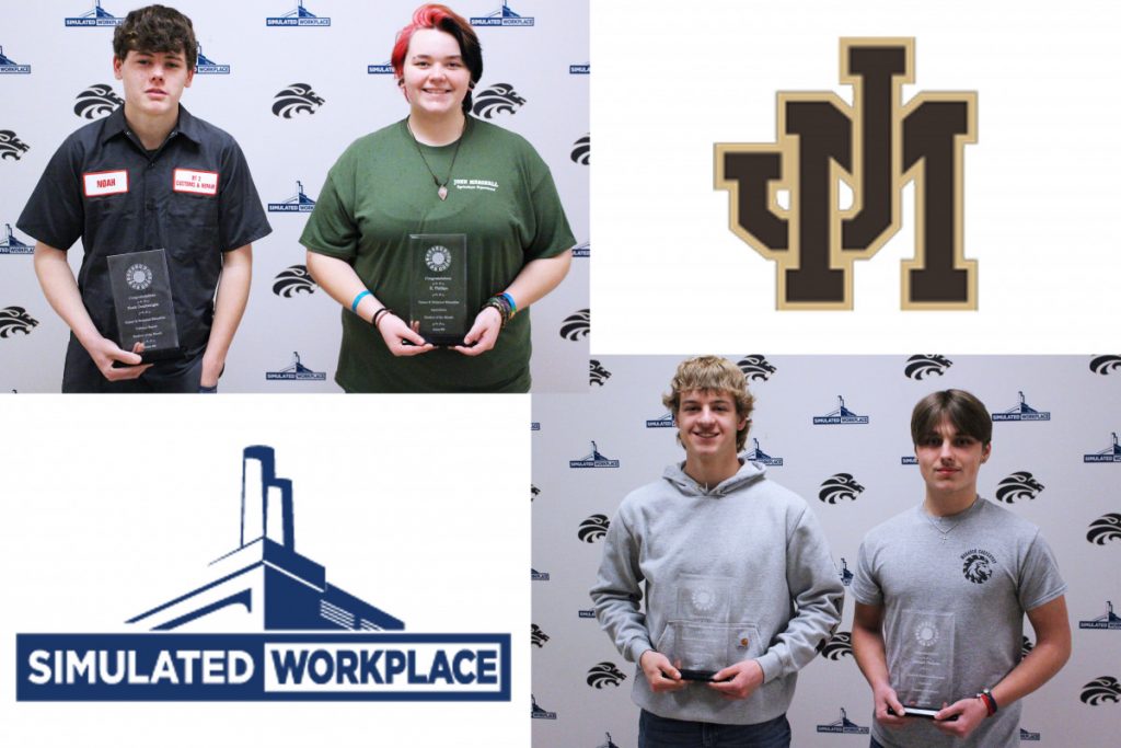 Picture 1: Pictured from left are the JMHS CTE Students of the Month: Luke McCauley and Michael Clemons. Picture 2: Pictured from left are the JMHS CTE Students of the Month: Noah Courtwright and K. Phillips. The simulated workplace and JM logos are displayed, too.