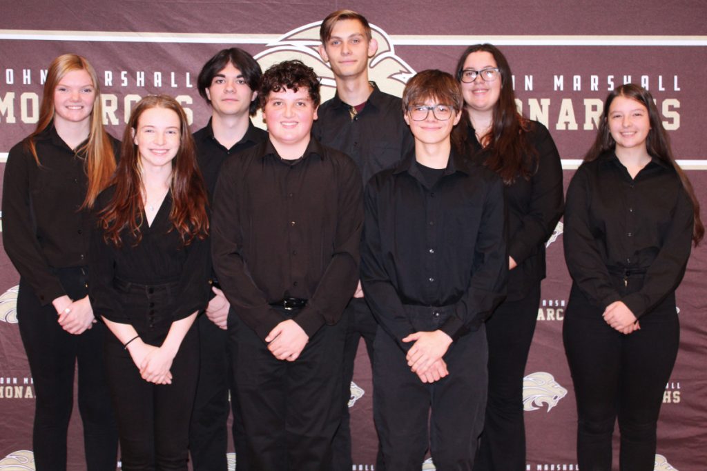 Pictured are the award-winning ensemble members. Front row from left: Lauren Rice, Ricky Robinson and Liam Marlin. Back row from left: Sydney Gray, Joey Armstrong, Jude Thomas, Lizzy Howard and Marra Tharp.