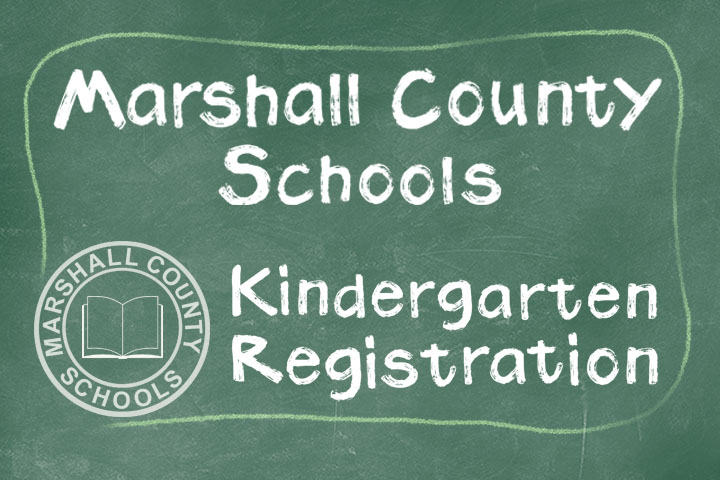 Green chalkboard with Marshall County Schools Kindergarten Registration written in white chalk