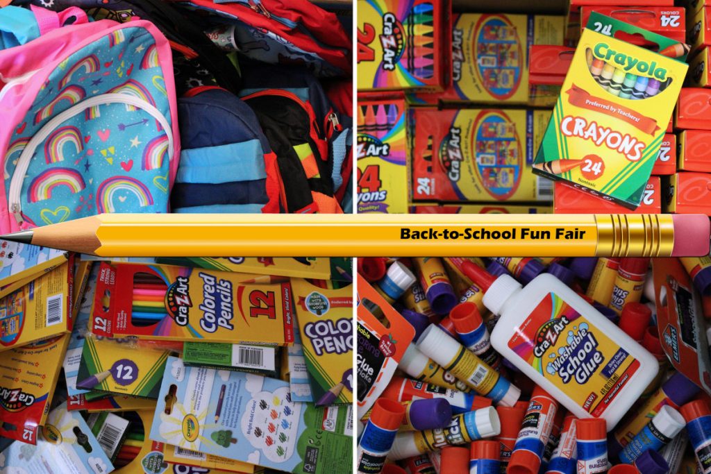 multicolored school supplies such as crayons, backpacks, pencils and glue sticks with a Back-to-School Fun Fair #2 pencil.