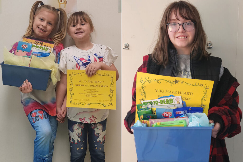 Pictured from left holding their gift basket are Kierah and Dallas Carney and Maeleigh Stuckey.