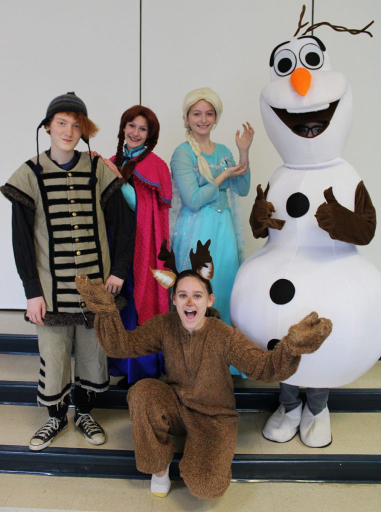Pictured: Kneeling is Sadi Willis (Sven). Standing from left are  Dez Roth (Kristoff), Elin McGuire (Anna), Sarah McBee (Elsa) and Cooper Berlin (Olaf).