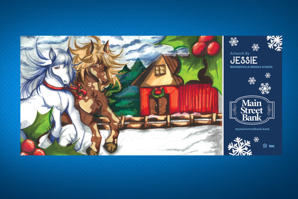 Jessie Nguyen’s billboard drawing features a a white horse and a brown horse in the snow in front of a red cabin with a wreath above the door.