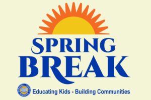 Sun with Spring Break written in blue with the Marshall County Schools logo. Educating Kids - Building Communities is written in blue