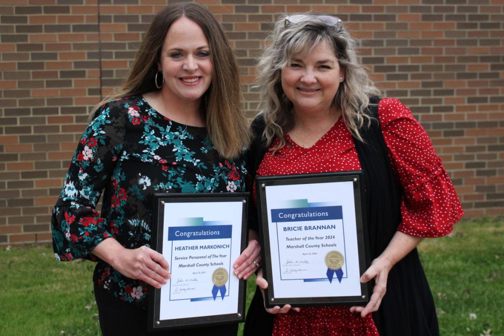 Pictured from left: MCS Service Personnel of the Year Heather Markonich and MCS Teacher of the Year Bricie Brannan.