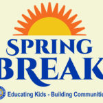 Sun with Spring Break written in blue with the Marshall County Schools logo. Educating Kids - Building Communities is written in blue