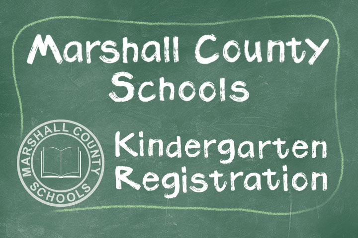 Marshall County Schools logo and Kindergarten Registration written in white chalk on a green chalkboard.